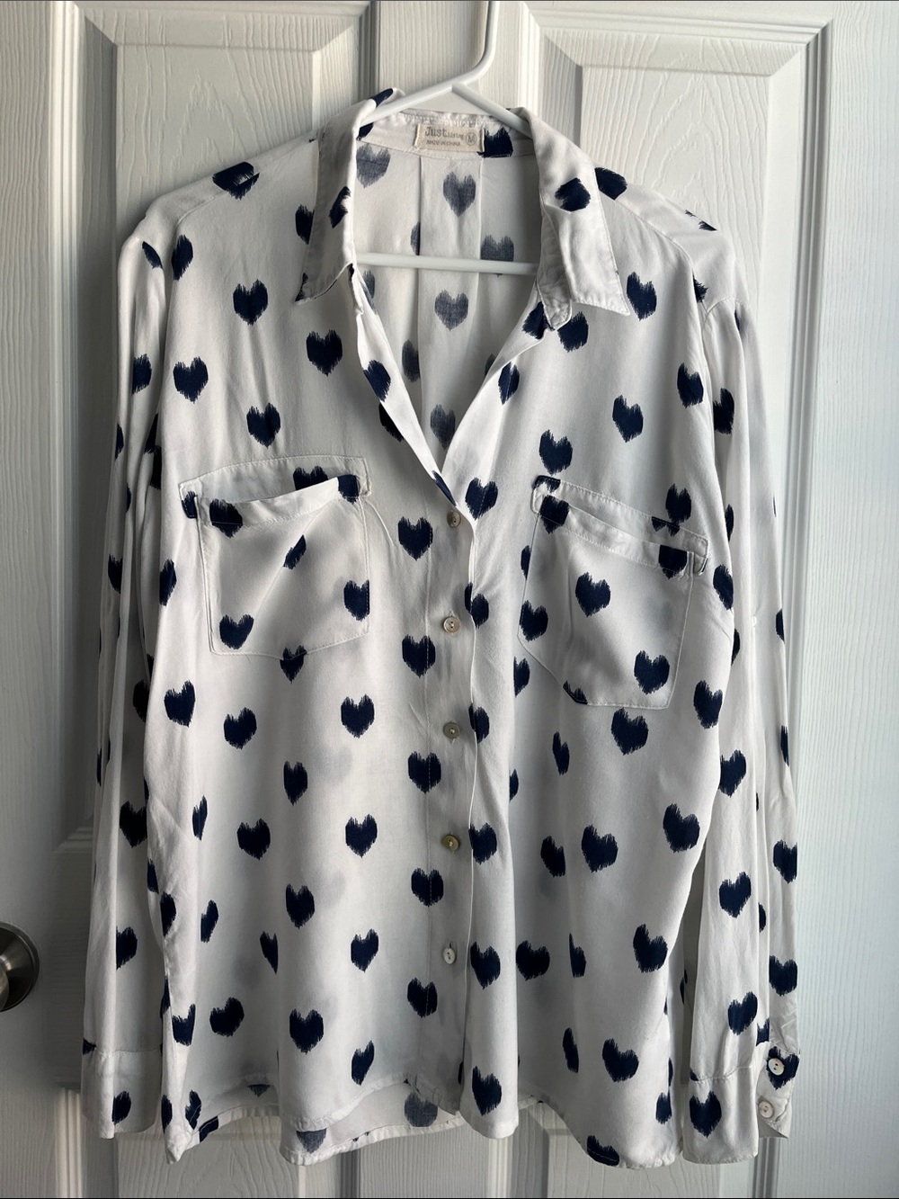 Just Living White Button-Up Blouse with Navy Heart Print